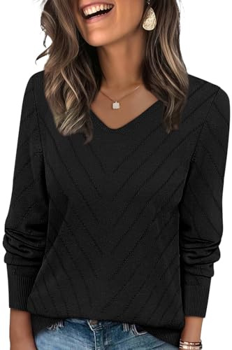 WIHOLL Sweaters for Women Trendy Fall Fashion 2026 Casual V Neck Long Sleeve Tops Crochet Knit Vacation Office Teachers School Outfits Spring Tops Cute Winter Clothing Pullover Black L