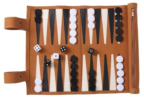 SKIKHN Backgammon Gioco da Tavolo,35.5X25CM Rollable Backgammon Board Game Set,Backgammons Set da Viaggio Portatili Gioco da Tavolo,Pelle Backgammons da Viaggio per Adulti Adolescenti,Marrone
