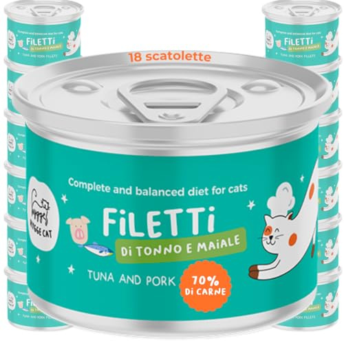 Filetti di Tonno e Maiale Hygge Cat | Cibo Umido per Gatti Adulti | Alimento Completo con Ingredienti Naturali | Grain Free | Ricco di Proteine e Omega 3 e 6 | 18X70 g Made in Italy