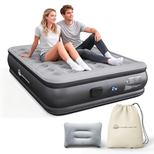 JUITOY Queen Air Mattress with Built in Pump, 18 Upgraded One-Touch Inflatable Airbed for Home, Camping Guests, Portable Blow Up Mattress, 770lbs Capacity