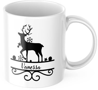 drunkLY Weihnachtstasse mit Namen - personalisierter Keramik Kaffee-Becher – personalisiert, Weihnachtstasse - Glühwein-Tasse - Nikolaus & Wichteln Geschenk-Idee (Hirsch-weiß)