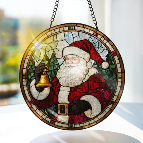 Bimkole JulFönsterhänge I Målat Glas Med Solfångare -Jultomten Hängande Fönsterdekoration - för Trädgård, Fönster och Dörr, Jul, Handgjord Suncatcher Dekor 20x20 cm