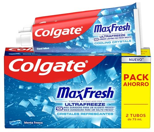Colgate Max Fresh Dentífrico Cristales Refrescantes 2x75ml, Frescor potenciado por UltraFreeze, 10x más duradero, Sensación de frescor instantaneo y duradero