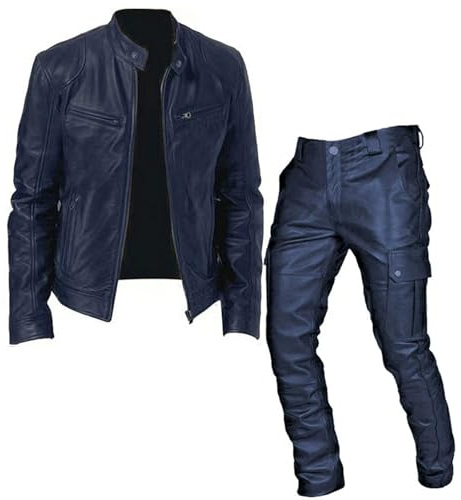 Maskjuwio Läderjacka för män, bomberjacka, läderjacka och läderbyxor, set, tvådelad, motorcykeljacka, svart, läderrock, bikerjacka, 50-talsoutfit, Grease, jacka, vindtät, vinter, fritidsoverall