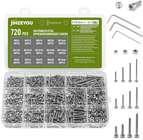 720 PcsTornillos M2 M2.5 M3, Tornillos Cilíndricos y Tuercas, Tornillos con TuercasTornillos de Cabeza Hueca Hexagonal de Acero Inoxidable y Arandelas para Reparación de Bicicletas y Motocicletas