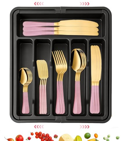 AVEKI Stainless Steel Flatware Set, 30 Pieces Cutlery Set with Extendable Drawer Organizer, Silverware Cutlery Set for 6 Person, Mirror Polished Tableware Set for Home,Kitchen,Restaurant (Pink-Gold)