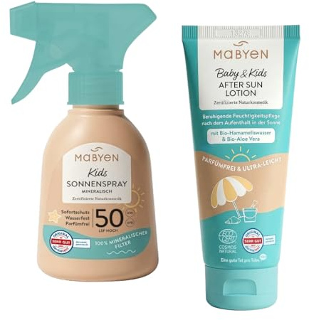 MABYEN Baby & Kids Spray solare SPF 50 e After Sun Lotion Set 100% filtro UV minerale in ossido di zinco, senza profumo, COSMOS Natural, 150 ml + 180 ml