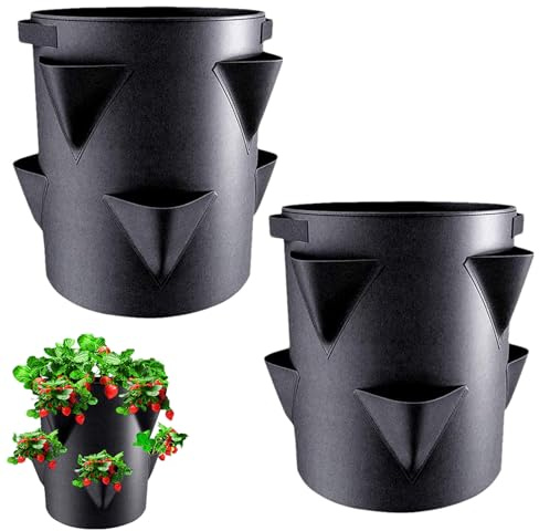 2 st jordgubbskrukor och blomkrukor, 7 gallon tygkrukor, blomkrukor med 6 sidfickor odling, för utomhus trädgårdsskötsel, andningsbara jordgubbskrukor med optimal dränering för trädgård