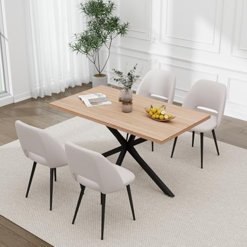 HJhomeheart Esstisch und Stuhlset, 140 * 80 * 75 cm Rechteck MDF Esstisch, 4 Gepolsterte Küchenstühle aus Cord mit Hohlrückenlehne, für Esszimmer, Wohnzimmer, Küche (Helle Farbe + Beige)