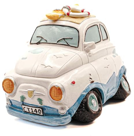 Kremers Schatzkiste Spardose Mini Auto 17cm Urlaubskasse Retro Design handbemalt - Cooles Strand-Sparschwein aus Polyresin – originelles Geschenk für Reiselust & Deko