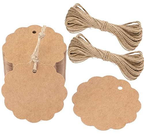 G2PLUS 6CM Rund Kraftpapier Anhänger, 100Stk. Braun Etiketten Tags, 300g/m² Geschenkanhänger Anhänger Etiketten mit Schnur für Geschenkverpackungen und Kunsthandwerk