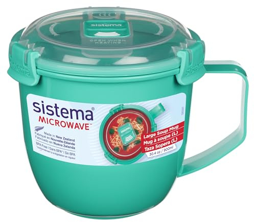 Sistema Microwave Soup Mug, Large | 900 ml Microwave Food Container with Steam-Release Vent | BPA-Free | Assorted Colours (Not Selectable)
