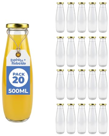 Espirito Rebelde Pack de 20 Botellas de Vidrio Vacías de 500 ml con Tapa - Botellas de vidrio para jugos, leche, barbacoas, salsas - Ideal para Picnics, Bodas y Fiestas.