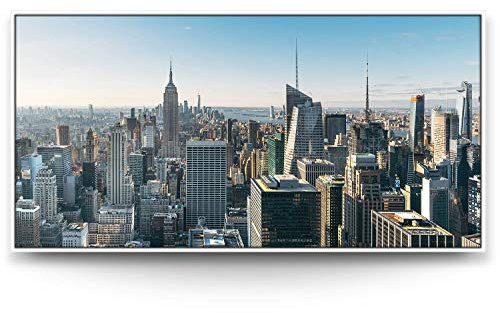 BilderKing Impostantes XXL Leinwandbild 180x90cm, Skyline NY City umrahmt mit weißem Schattenfugenrahmen. EIN eindrucksvolles Panoramabild, Motiv USA, für Wohnzimmer, Schlafzimmer