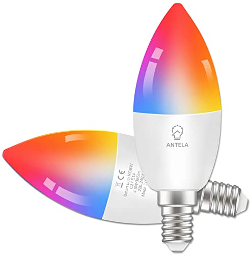 ANTELA Alexa Glühbirne E14 LED Lampen Smart WLAN Dimmbar Birne RGB 16 Millionen Farben 2700-6500K, Fernbedienung, Sprachsteuerung, Kompatibel mit Google Home, Kein Hub Erforderlich, 2 PCs