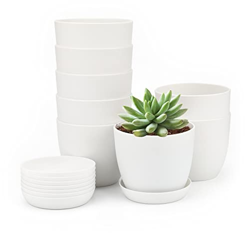 KINGLAKE 10CM Blumentöpfe Klein, 8 Stück Übertopf Pflanztöpfe mit Untersetzer Plastik, Blumentopf Set Kunststoff, Töpfe Dicke, Anzuchttöpfe für Innen und Balkon Sukkulenten-Weiß