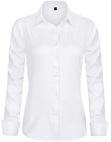 J.VER Womens Dress Shirts Long Sleeve Button Down Shirt Wrinkle-Free Business Casual Blouse Office Work Tops White Large