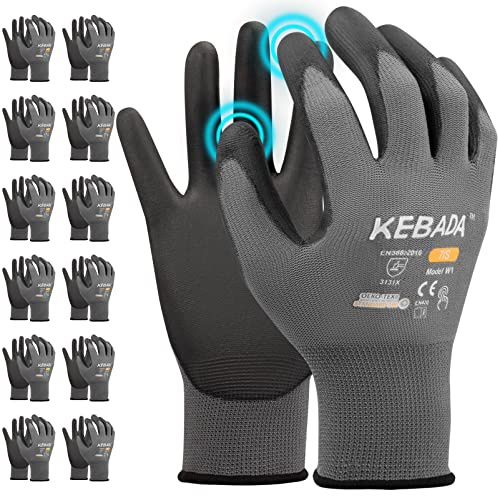 Kebada W1 Work Gloves for Men and Women, PU Coated Safety Gloves with Grip, Touchscreen, Ideal for Warehouse Package Handling, Construction, Gardening, 12 Pairs Gray Medium