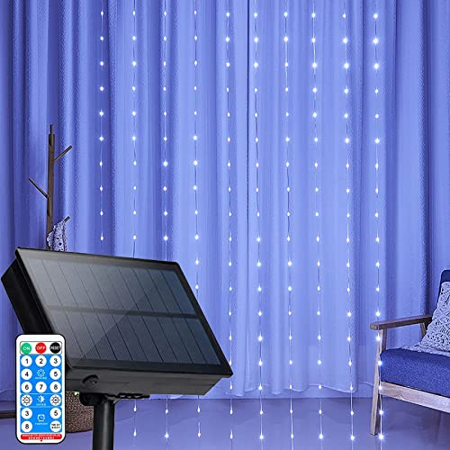 DINOWIN Solar Lichterketten Vorhang mit Fernbedienung, 3x3M 280 LED Wasserdicht Lichtervorhang 8 Modi Lichterkette Gardine für Aussen Garten Party (Weiß)