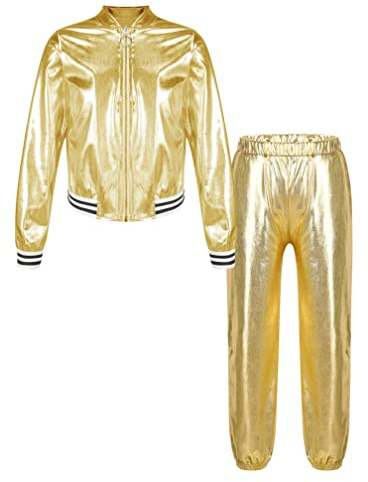 Agoky Conjunto de Danza Jazz Hiphop para Niñas con Lentejuelas Brillante Chaqueta Cremallera y Pantalones Brillante de Baile Moderno Disfraz de Baile S Dorado 7-8 años
