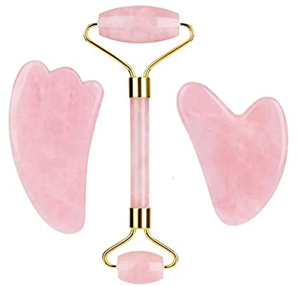 Rosenquarz-Gesichtsroller Und Gua Sha-Set Natürlicher Jade-Gouache-Schaber Gua Sha-Massage-Quarz-Roller Gesichtslifting-Massagewerkzeug,Typ 2