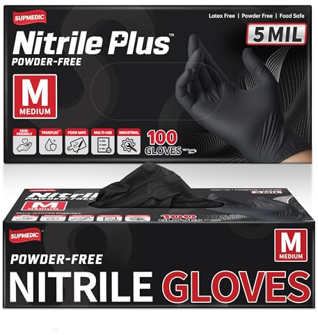 Supmedic Black Nitrile Exam Gloves, 5 Mil Chemical Resistant Powder-Free Food Safe Disposable Medical Glove 100Pcs (Medium)