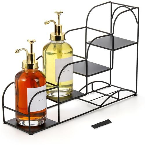 Noamus 4-Tier Syrup Bottle Holder, Iron 4 Compartment Bottle Organizer Rack, 16 Countertop Display Storage Shelf Bottle Stand, Metal Coffee Bar Organizer for Dressing, Wine, Juice, Kitchen, Black