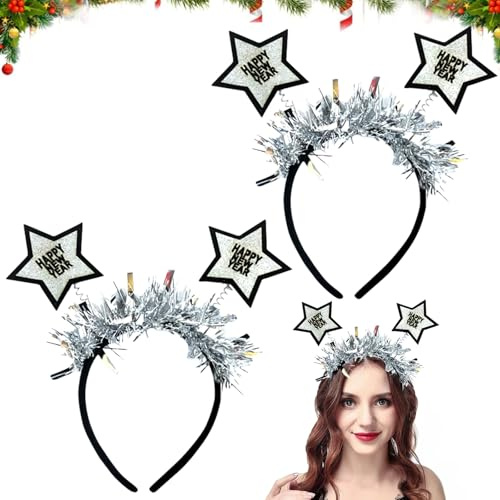 Silvester Haarreif Sterne, 2 Stück Happy New Year Haarreif Silvester Deko, Glitzer Haarreif Silvesterdeko Foto Requisite Silvester Kopfschmuck, New Year Decoration Zubehör Für Kinder Erwachsene