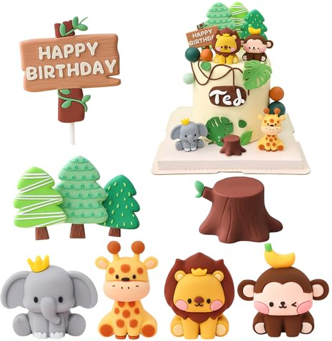 YOYIAG Wild Animals Cake Toppers: 9 Pieces, Baby Elephant, Giraffe, Lion, Monkey & Tree, Kids' Birthday Party