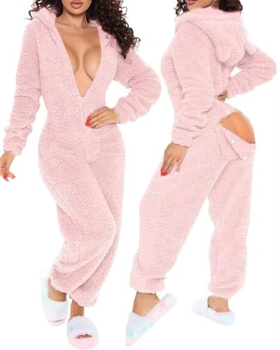 Combinaison sexy en polaire pour femme avec capuche et oreilles, combinaison pour femme avec rabat pour les fesses, pyjama une pièce en peluche