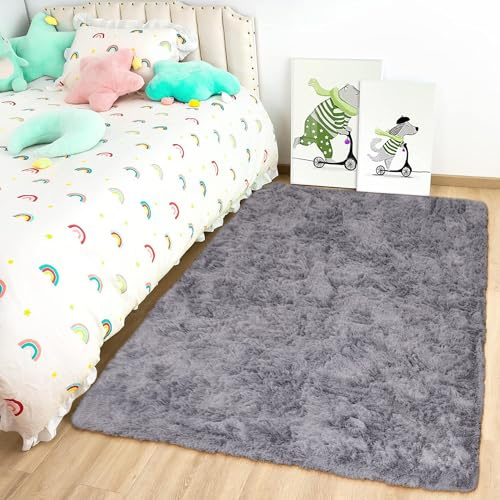 Oxford Homeware Teppiche für Wohnzimmer, 60 x 110 cm, Grau, für Schlafzimmer, klein, flauschig, zottelig, superweich, rutschfest, waschbar, moderne Bodenteppiche, Bettvorleger für Kinderzimmer