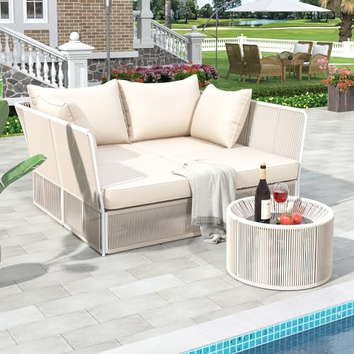 TREXM 2-Piece Outdoor Sunbed and Coffee Table Set, Patio Double Chaise Lounger Loveseat Daybed with Clear Tempered Glass Table for The Patio, Poolside (Beige Cushion + Natural Rope)