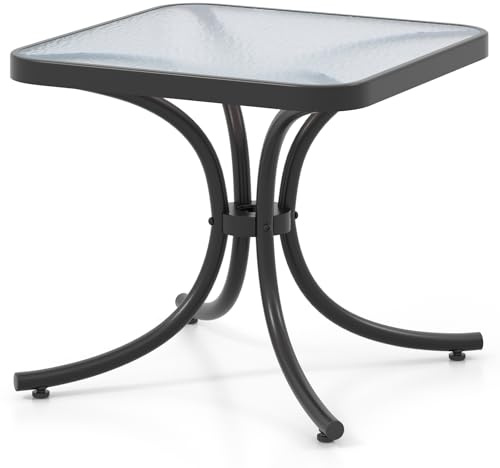 GIANTEX Gartentisch, 50 cm, quadratischer Tisch mit Tischplatte aus gehärtetem Glas, robustes Metallgestell, Couchtisch für den Außenbereich, für Garten, Balkon, Pool, Schwarz