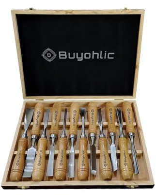 Buyohlic Set di 12 scalpelli per la lavorazione del legno con scatola di legno, lame affilate in acciaio CR-V 60
