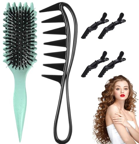 JINJUMEI Lockenbürste Kit, Bounce Lockenbürste und Hai Zahnkamm mit 4 Haarklammer, Curl Defining Brush, Antistatisch Kamm, Haarbürste zum Entwirren für Entwirren Formen und Definieren von Locken