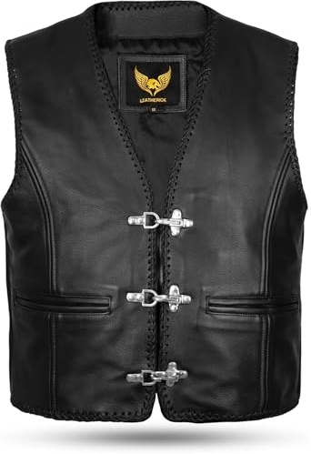 Leatherick Chaleco de motociclista de cuero genuino negro Chaleco de motociclista trenzado con hebilla de anzuelo