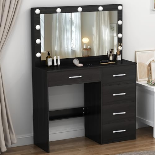 Buildonely Tavolo da toeletta con specchio e illuminazione, 3 temperature di colore e luminosità regolabile, moderno, nero, 36 x 80 x 131 cm