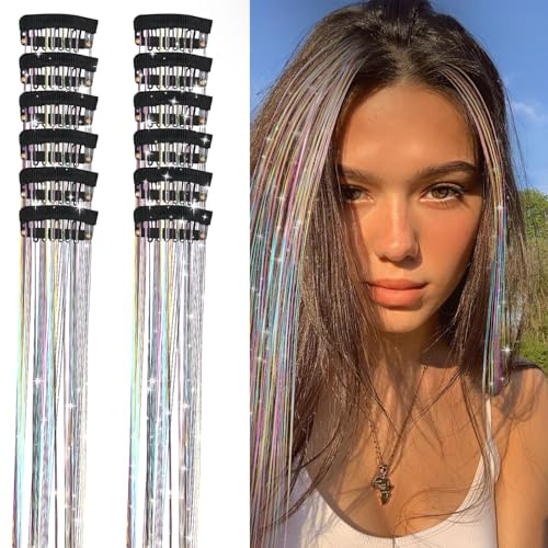 12-teiliges Haar-Lametta, 20,5 Zoll Clip-in-Haarverlängerung, Regenbogen-Haar-Lametta, Feen-Haar-Lametta-Set, Regenbogen-Haarverlängerungen, Clip-Glitzer für Haar-Accessoires für Frauen und Mädchen