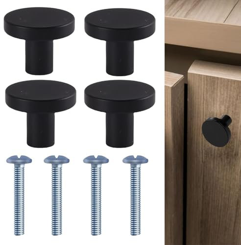 DILUSILK Black Round Cabinet Knobs, 4 Pack, 25mm (Diameter) x 20mm (Height), Aluminum Alloy & Stainless Steel, Modern Style, Polished Finish, Screws Attached, Ideal for Cabinets, Drawers, Wardrobes