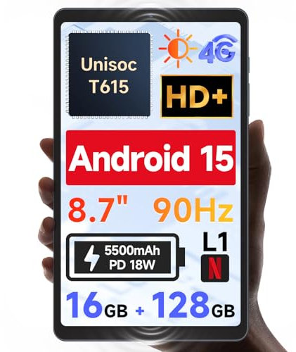 BNCF [Nuevo Android 15 2025] Tablet de 8.7 Pulgadas, Unisoc T615 (8 núcleos), HD IPS 800×1340, 90Hz Reflex, 350Nit, Widevine L1, 4G LTE, Wi-Fi, BT5.0, 5500mAh, PD 18W, 16GB+128GB(1T TF)