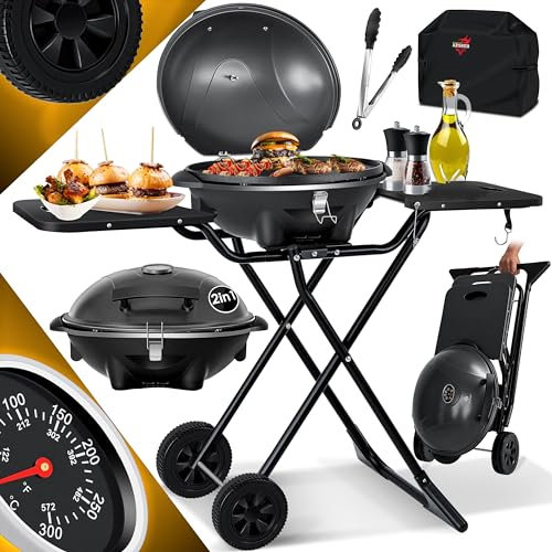 KESSER® elektrischer Elektrogrill 2in1 Tischgrill - Standgrill mit Deckel | max. 2400 Watt | Faltbar | Thermostat | Antihaftbeschichtung | Grillplatte Abstelltische | 2 Räder | inkl. Abdeckung & Zange