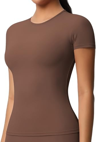 JTSONN T-shirt dam sport kortärmad sport t-shirt andningsbar funktionell tröja rund hals löpning kompression skjorta yoga gym topp, Brun, S