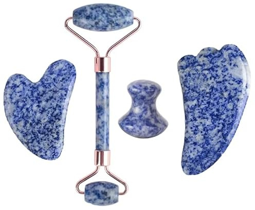 Lot de 4 rouleaux de jade d'obsidienne en quartz rose naturel Gua Sha - Grattoir en améthyste - Outils de levage du visage pour soins de la peau