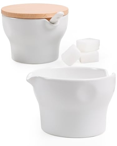 Autumnlife Milch und Zucker Set aus Keramik, Weiß Milchkännchen & Zuckerdose mit Holzdeckel und Löffel, Stapelbar Milchbehälter und Zuckerdosierer Set für Küche & Kaffee