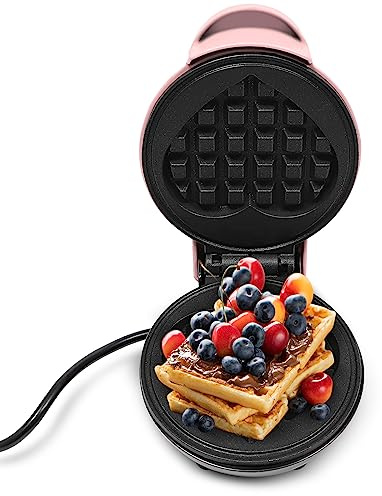 Mini Waffeleisen Herzform, Kleiner Waffelmaker mit Antihaftbeschichtung, Mini-Waffeleisen Macher, Pfannkuchen-Macher für Haushalte, Camper und Wohnmobile geeignet, Rosa, 12.5 * 16.5 * 8.5cm