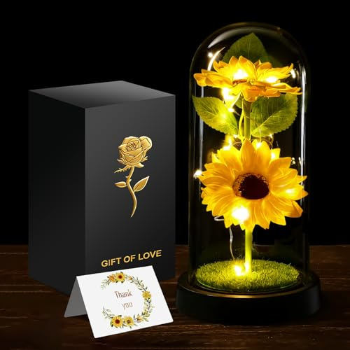 MEGETGOD Birthday Gifts for Women - Glass Sunflowers Gifts, Sunflower Artificial Flowers in Glass Dome is a Unique for a Girlfriend, Mum, Women (Sunflower Flower)