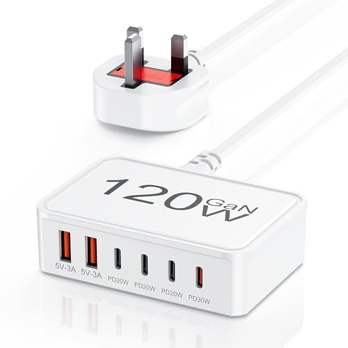 USB C Plug Fast Charge 120W GaN 6-Port USB C Charging Station, 30W Type C Fast Charge Plug Hub, Multi Desktop Charger Travel Adapter for iPhone 17 16 15 14 13 12 11 Pro Max XS XR 8, Samsung, iPad