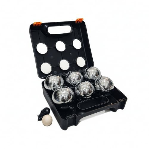 Relaxdays Boule-kulor, 6 stålkulor, set med målboll, avståndsmätare och fodral, Boccia-spel, svart/silver