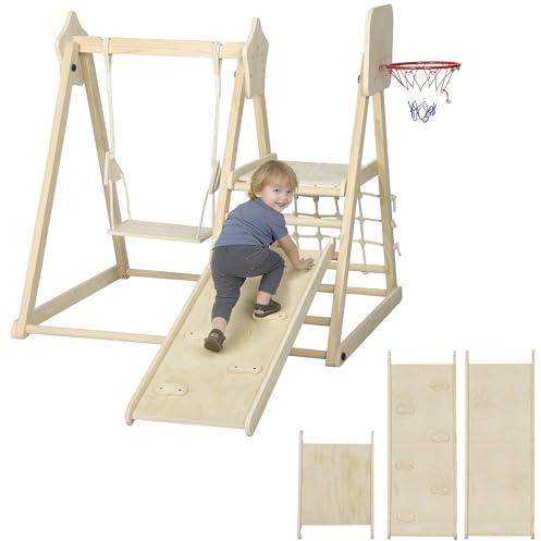 AIYAPLAY Tobogán Infantil 5 en 1, Estructura de Escalada de Madera con Tobogán, Columpio, Aro de Baloncesto, Tabla, Red de Escalada, Parque Plegable para Niños de 3-6 Años, Interior, Exterior, Natural