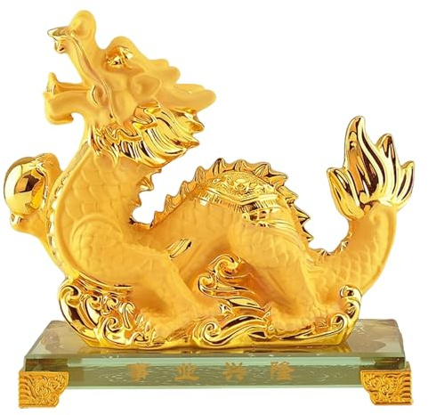 Hbbgdiy Statua del Drago dello Zodiaco Cinese, Statuetta in Resina Dorata, Decorazione Animale Feng Shui per scrivania da Ufficio, Arredamento per la casa di Ispirazione Asiatica, Drago